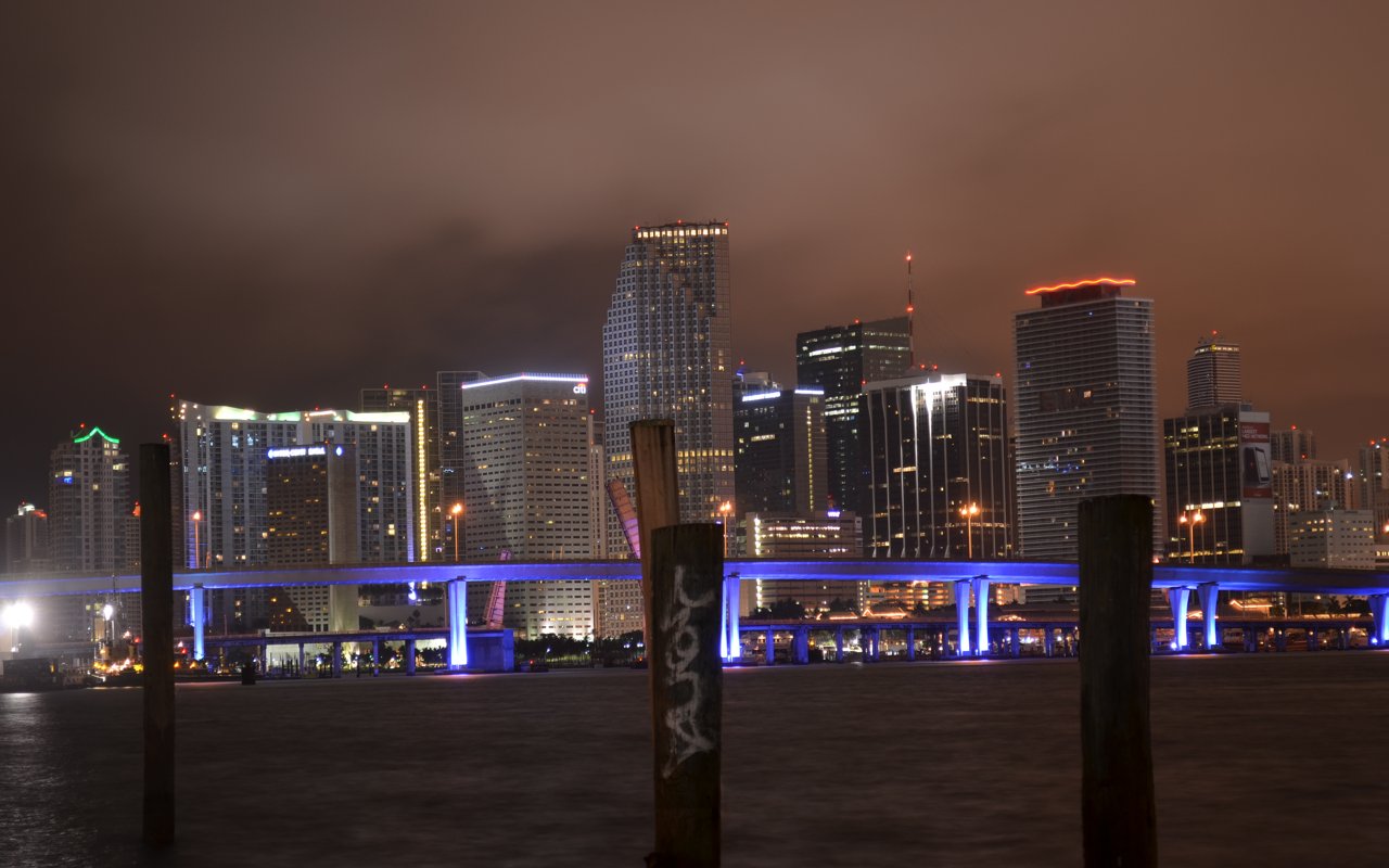 Miami skyline at night across Biscayne Bay